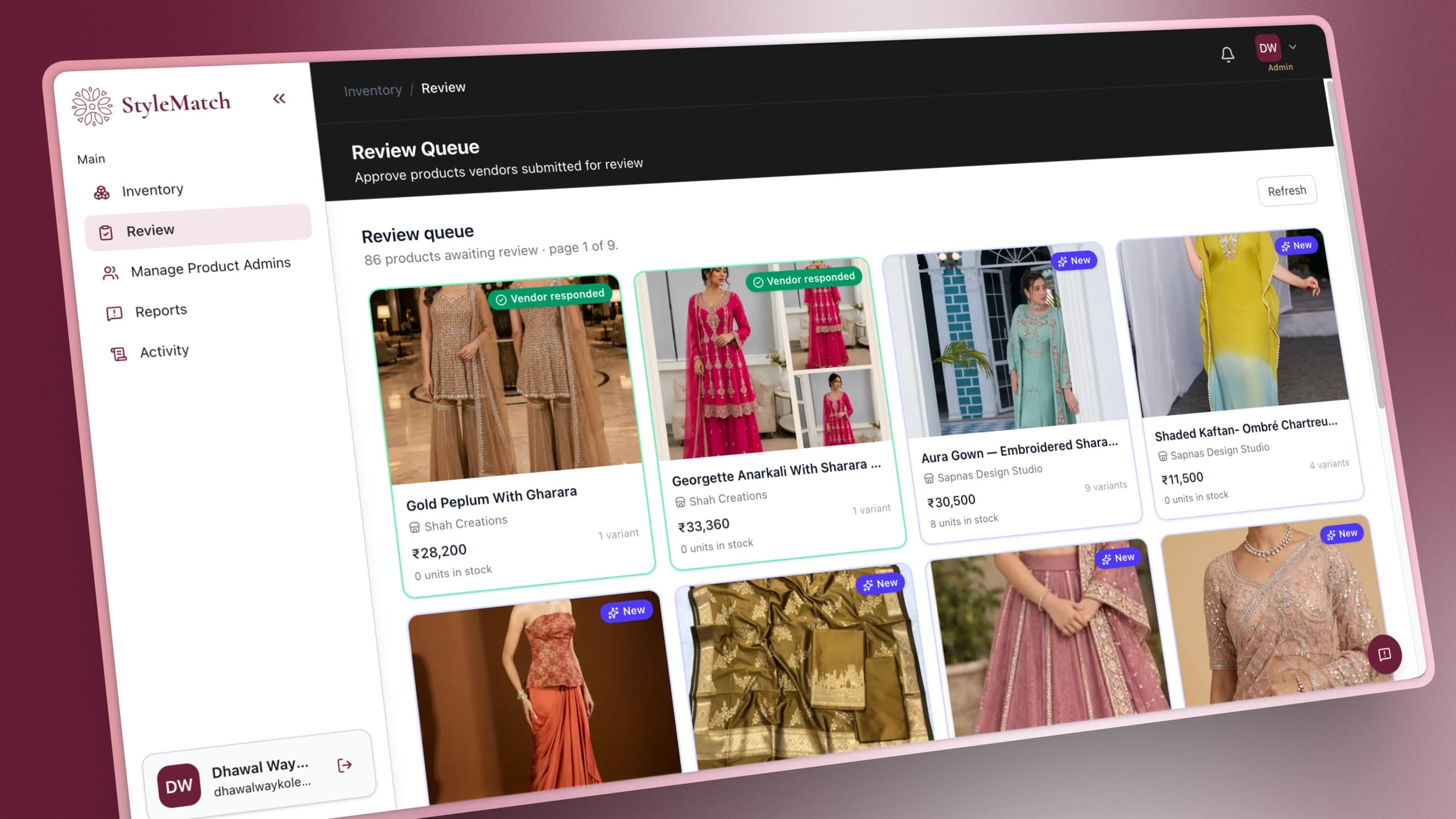 The admin review queue, angled over a plum gradient: 86 products awaiting review on page 1 of 9, laid out as a grid of submissions with prices, vendor names, variant counts and stock. Two carry a green Vendor responded badge, the rest are flagged New.